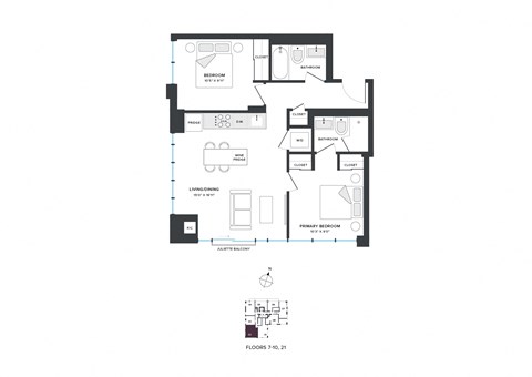 Floor plan for 2 beds, 2 baths, 745 sqft